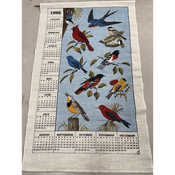 Vintage 1996 Birds Linen Calendar Tea Towel Birthday Anniversary Gift Cottage - Picture 1 of 5